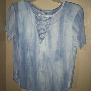 Blue and white tie dye lace up T-shirt.